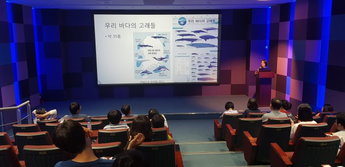 고래 사진을 보여주고 있는 모습